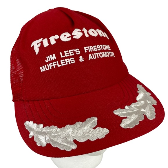Vintage Firestone USA Made SnapBack Trucker Hat Embroidered Bill Red White Crisp - Picture 2 of 16